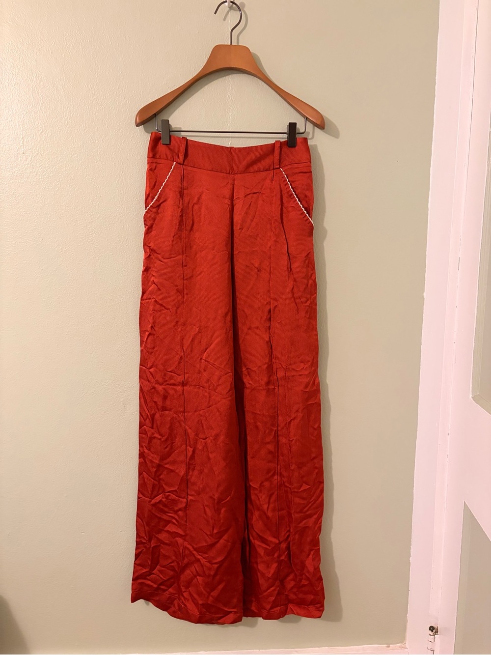 NWT Mother of Pearl Wide-Leg Red Satin Pants with Trim
